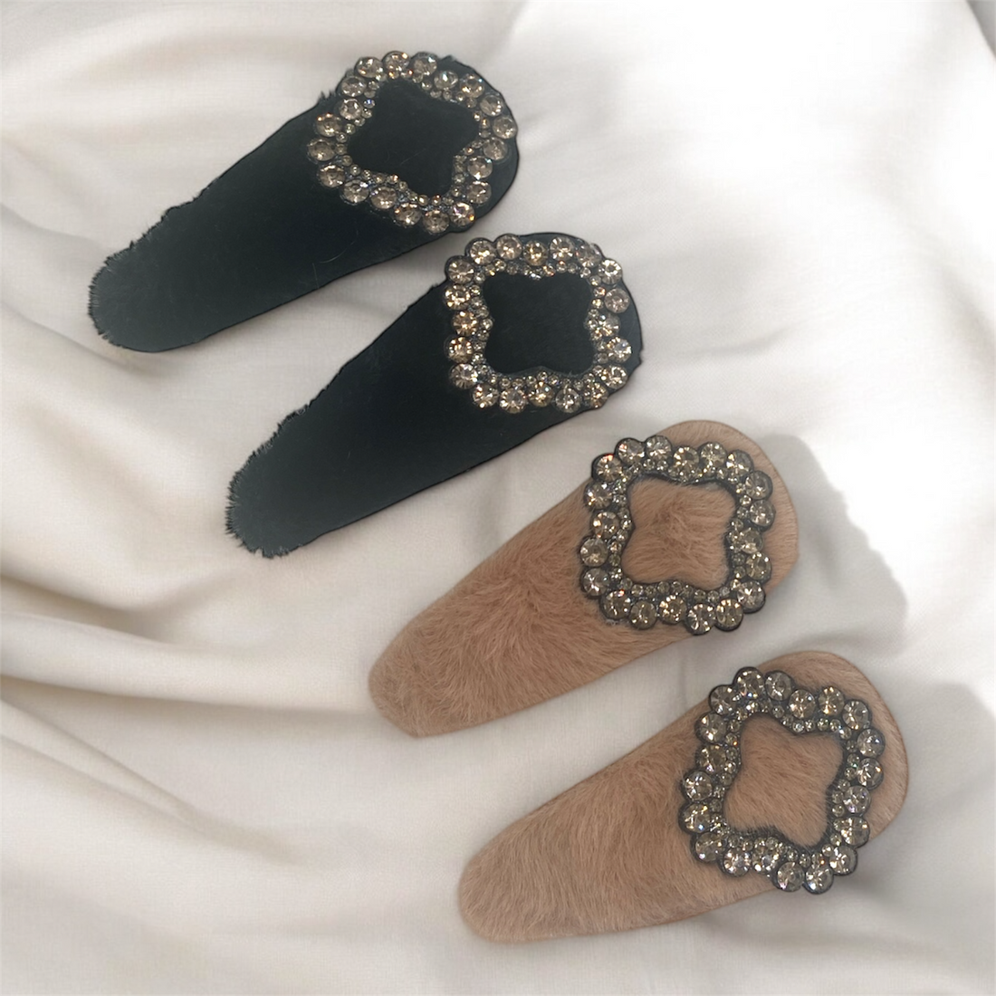 2Pcs  Elegant Fur Slides with Rhinestone Buckles