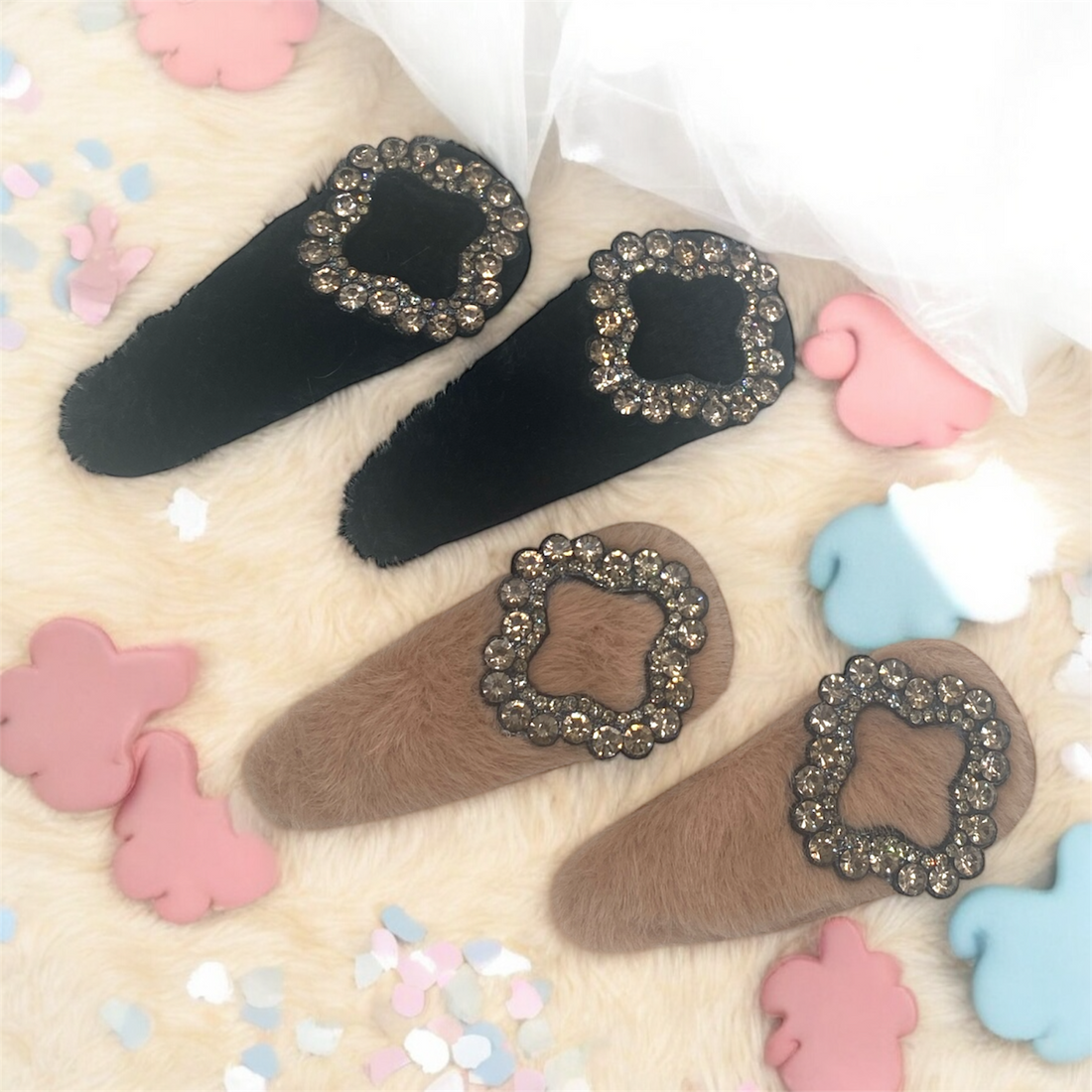 2Pcs  Elegant Fur Slides with Rhinestone Buckles