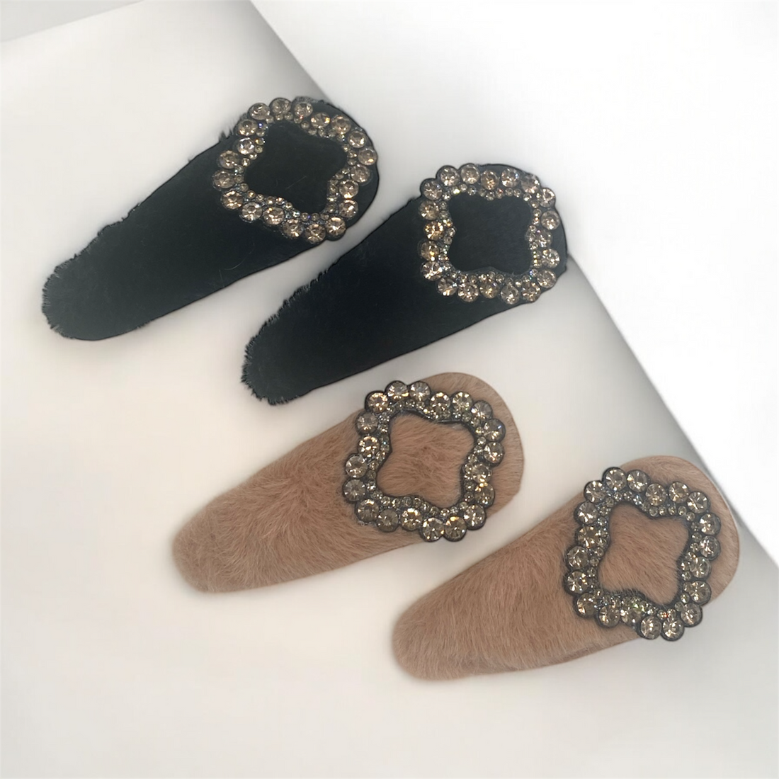 2Pcs  Elegant Fur Slides with Rhinestone Buckles